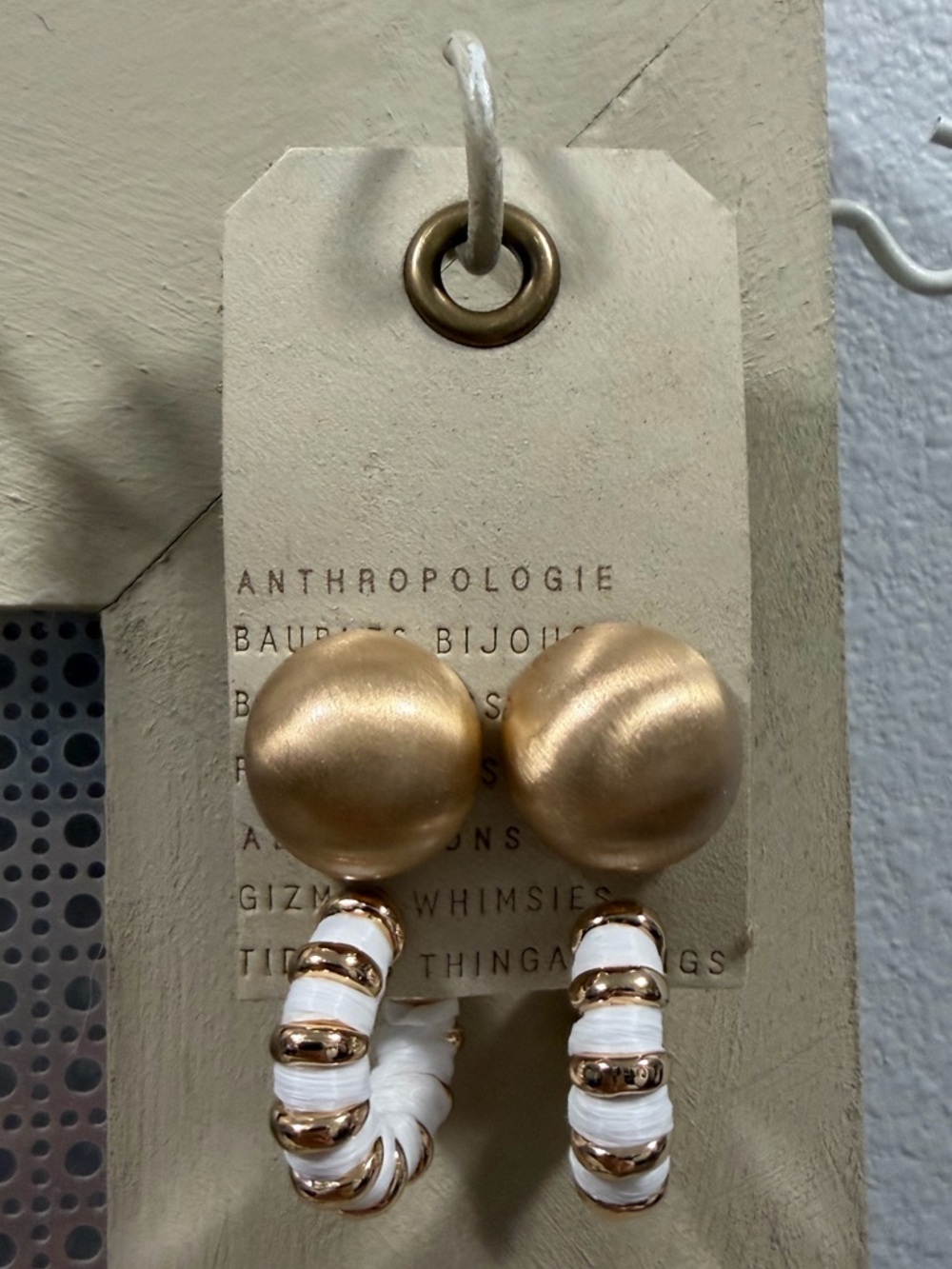 Anthropologie Gold and White Hoop Drop Earrings and Gold round studs